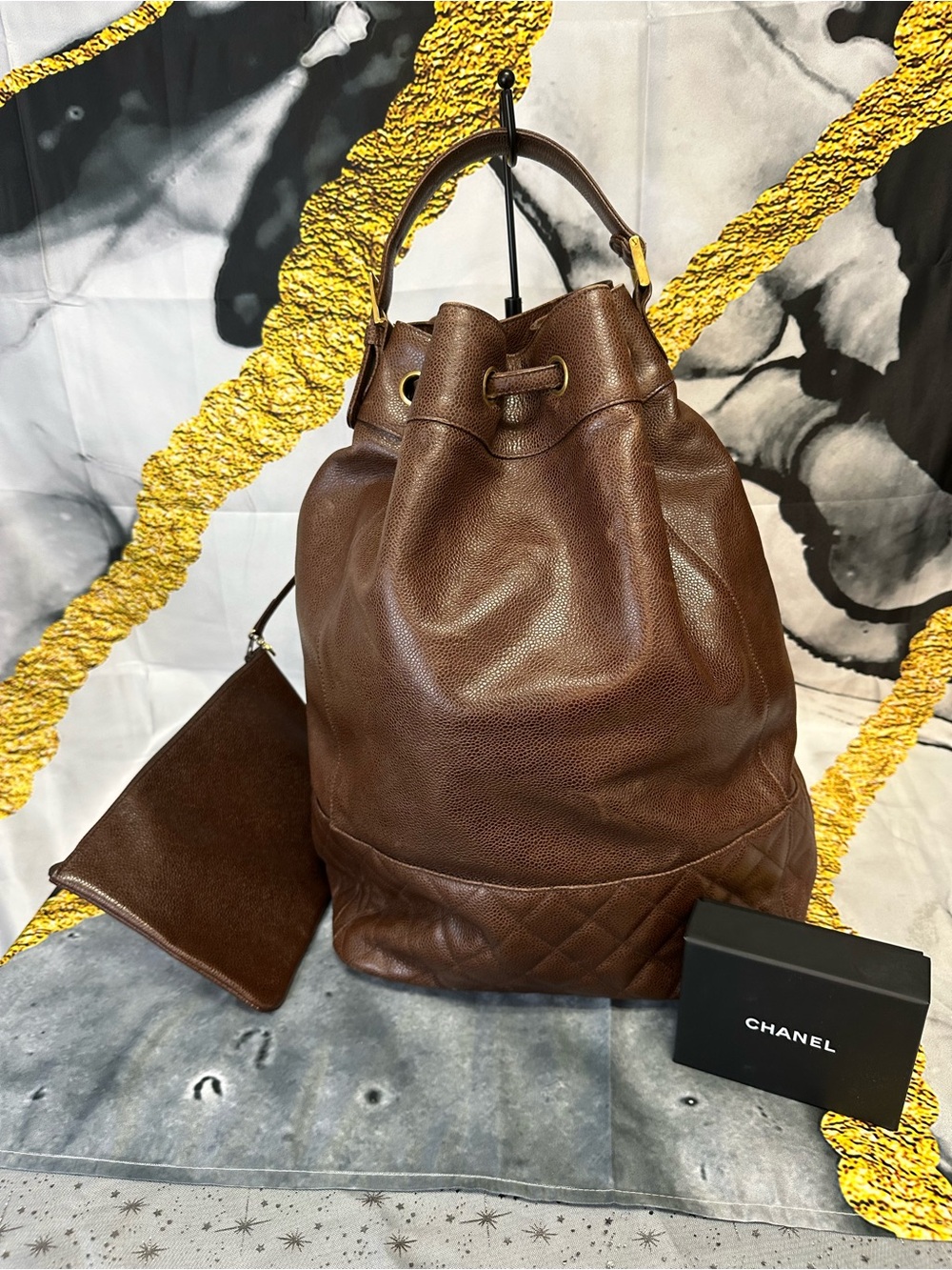 Chanel Brown Leather Drawstring Bucket Bag with Pouch